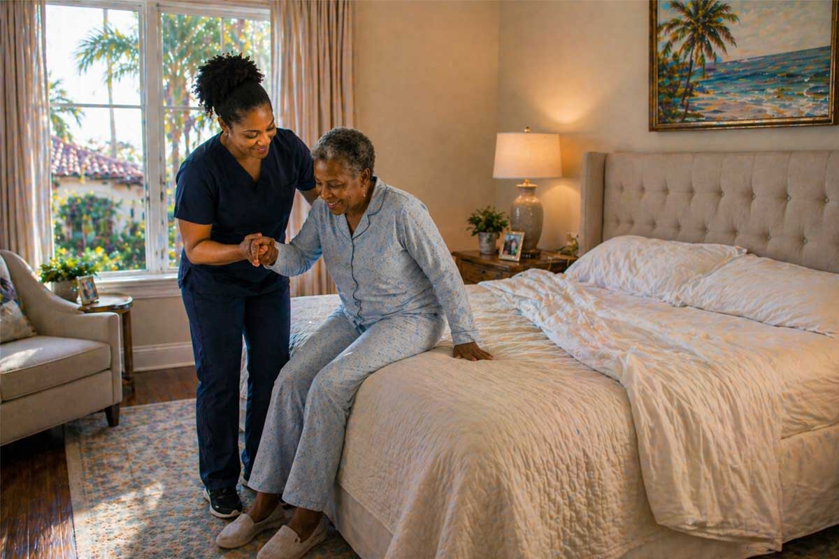 A home health aide from Collier County helps a senior woman out of bed, in her Naples, FL home.