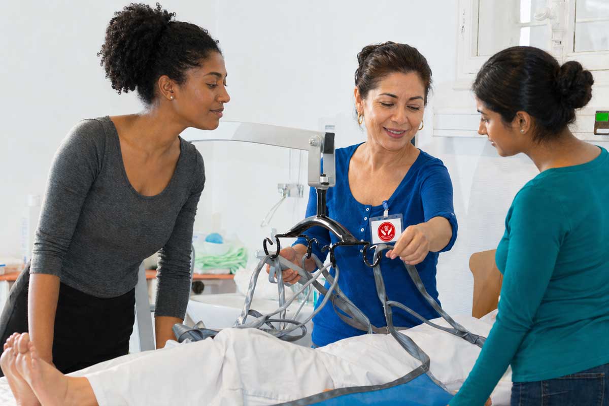 Home health aide skills training in Naples Florida. Two students learn how to use a Hoyer lift